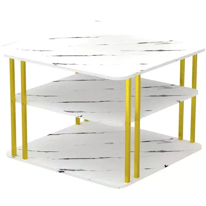 GOLDFAN 3-Tier Modern Square Coffee Table White with Gold Metal Legs with Storage