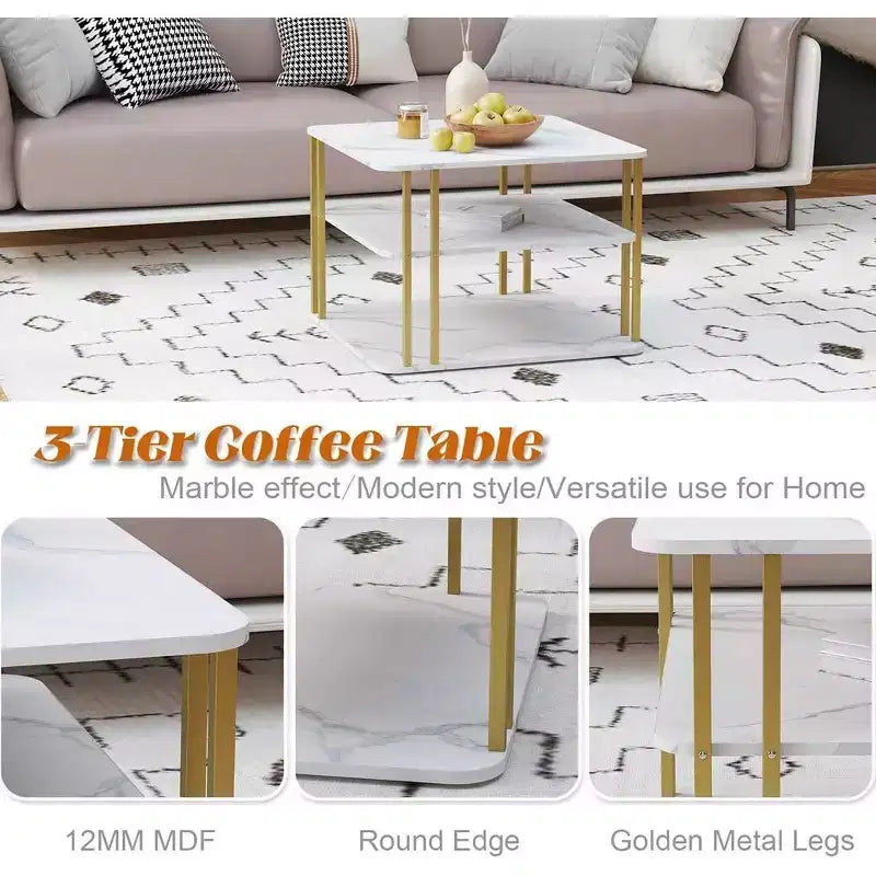 Table basse carrée moderne 3 plateaux blanche