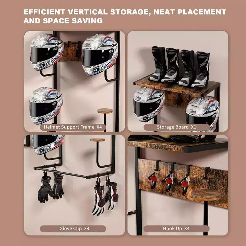 Wall Mounted Motorcycle Helmet Rack, w/ 4 Hat Stands, Glove Clips, Hooks & Wood Shelf, Holds Helmets/Gear/Jackets, Steel, Wood