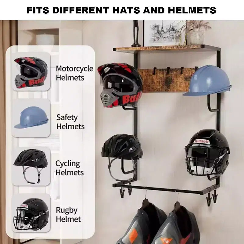 Support mural pour casque de moto, avec 4 supports pour casques et pinces à gants