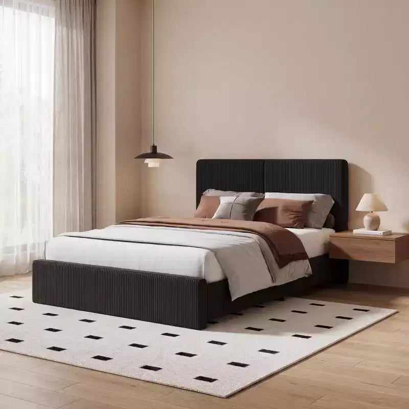 Twin Size Bed Frame with Upholstered Headboard, Wooden Platform Bed Frame, Wood Slats Support, No Box Spring Needed, Noise-Free, Beige