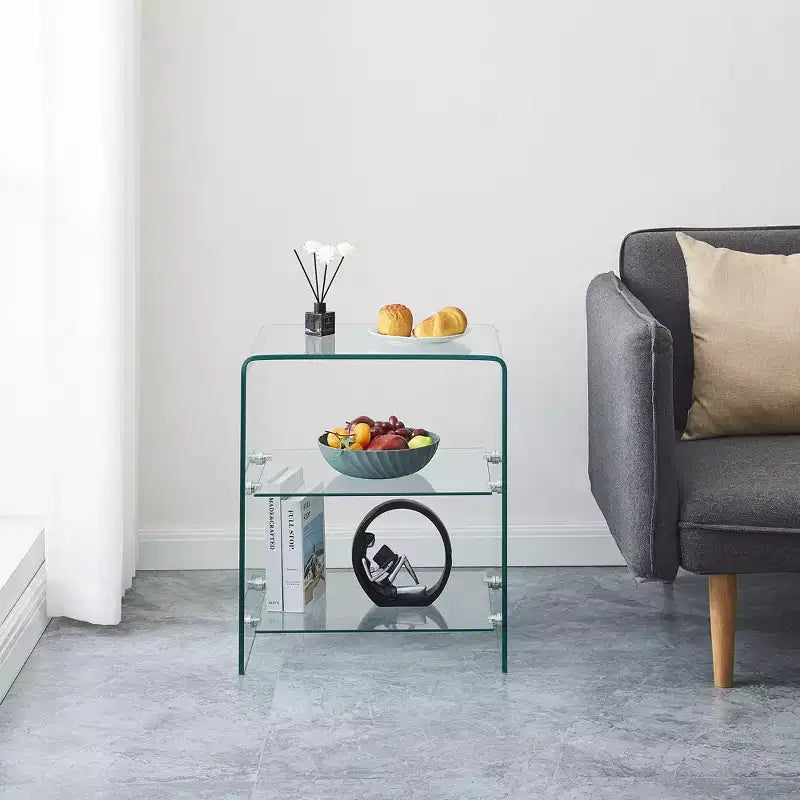 2-Tier Tempered Glass Side Table, Clear Modern End Table for Living Room and Bedroom