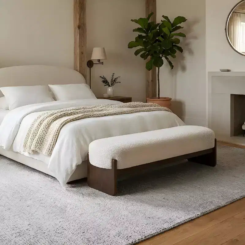 Upholstered Bench with Rubberwood Legs, Oval Entryway Bench Ottoman for Bedroom, Living Room - ModernLuxe