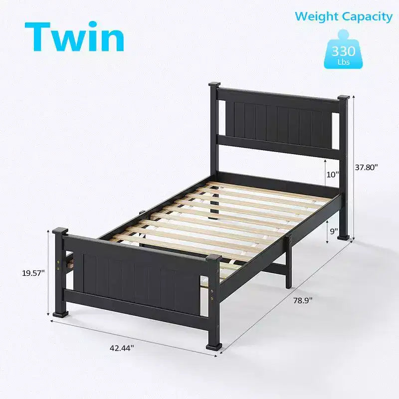 Cadre de lit plateforme noir en bois de taille double avec tête de lit, espace de rangement sous le lit