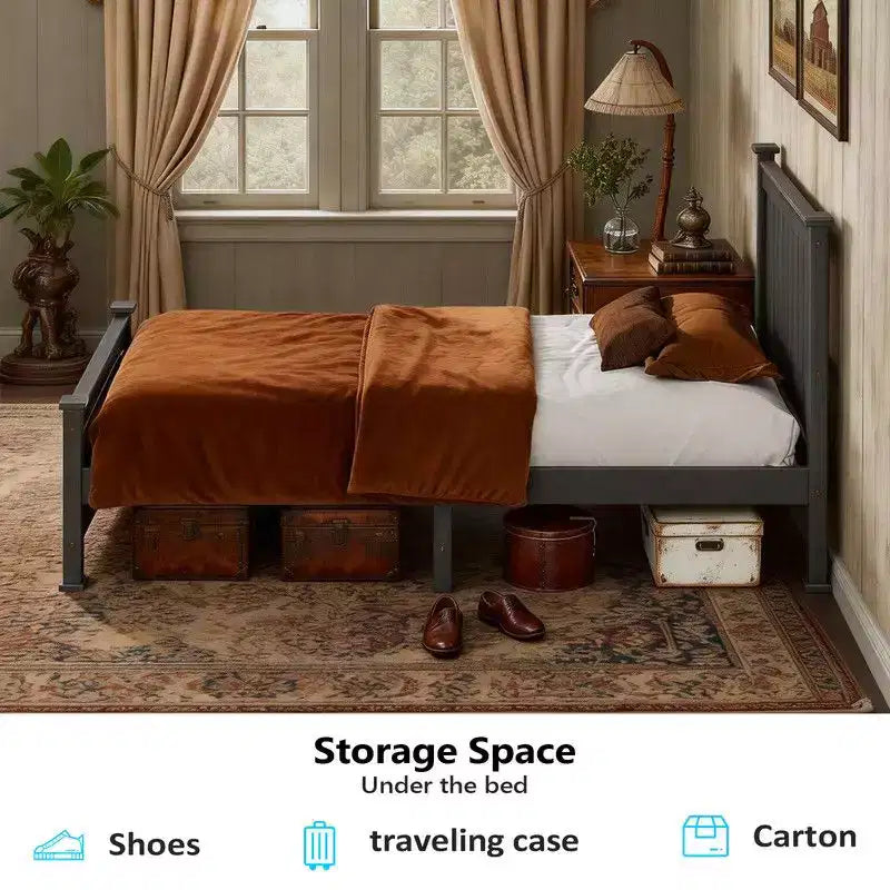 Cadre de lit plateforme noir en bois de taille double avec tête de lit, espace de rangement sous le lit
