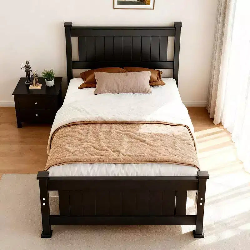 Cadre de lit plateforme noir en bois de taille double avec tête de lit, espace de rangement sous le lit
