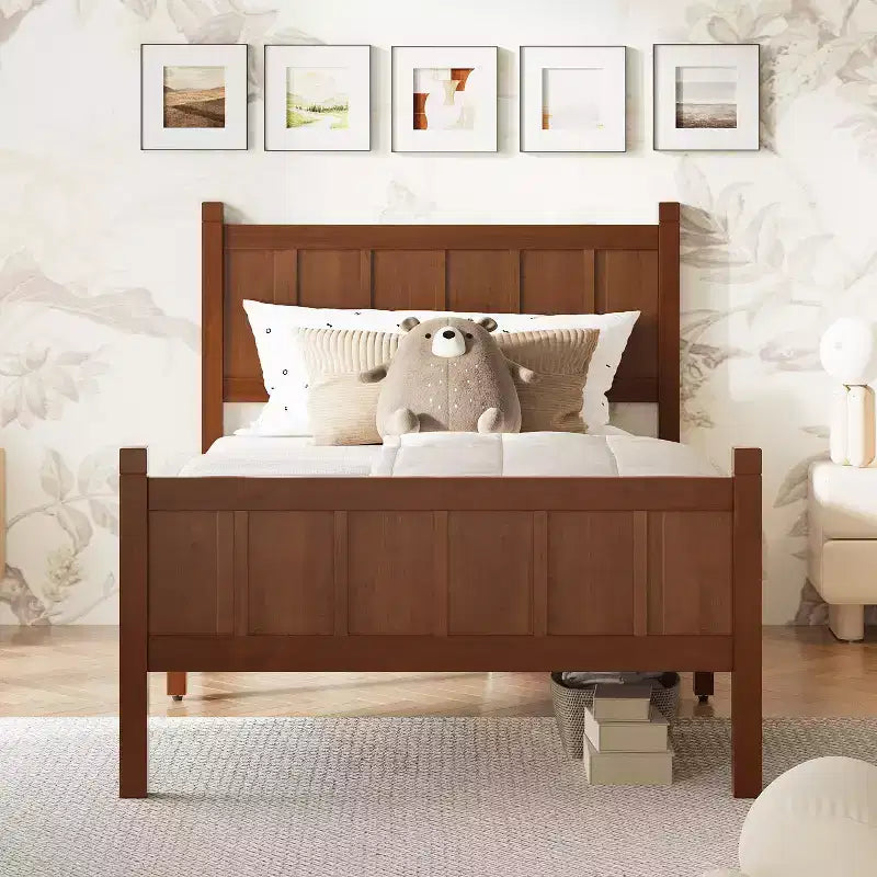 Twin Flat Panel Platform Bed with Headboard and Footboard, Wood Grain Shaker Farmhouse Bed Frame, Dark Walnut