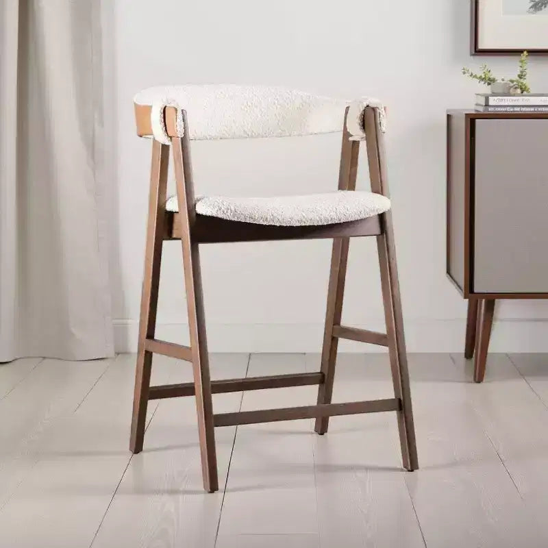 Royal Hampton Counter Stool Chair Set of 2, Walnut Brown Wood, Beige Boucle